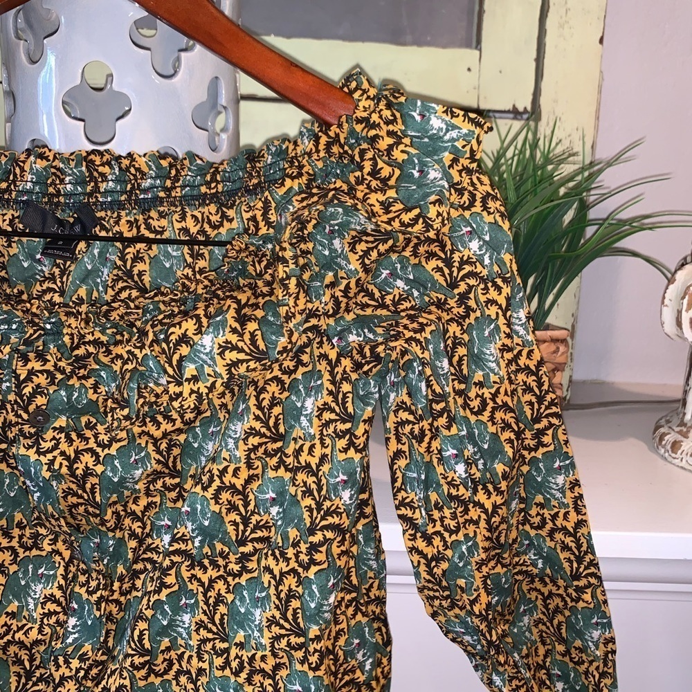 J. Crew Yellow & Green Elephant Print Tribal Boho Cold Shoulder Button Down 2